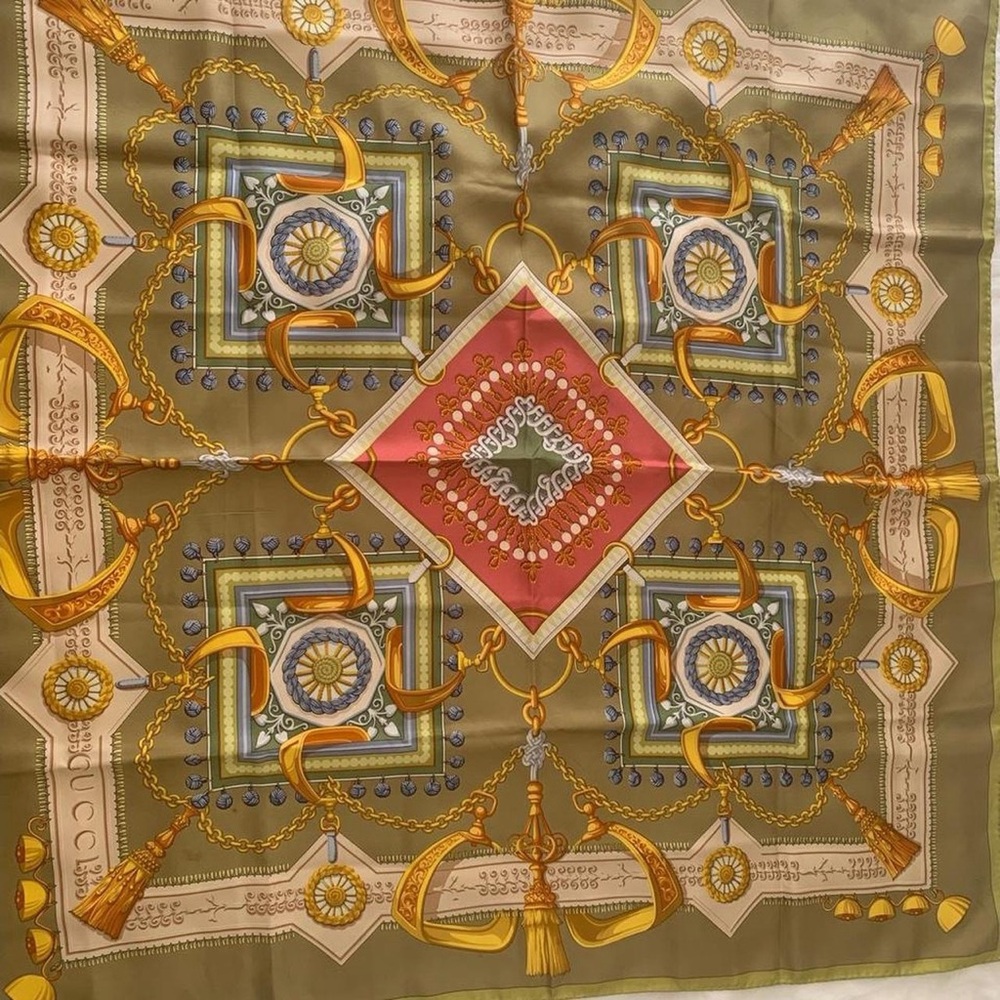 Gucci Vintage Silk Scarf Green, Pink, Gold